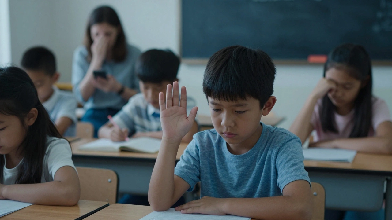 Ребёнок боится говорить в классе, в фоне — тревожный родитель дома.