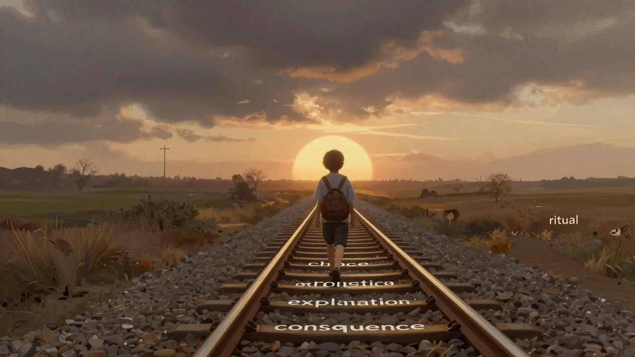 Ребёнок идёт по рельсам с надписями 'выбор', 'объяснение', 'последствие' к рассвету.
