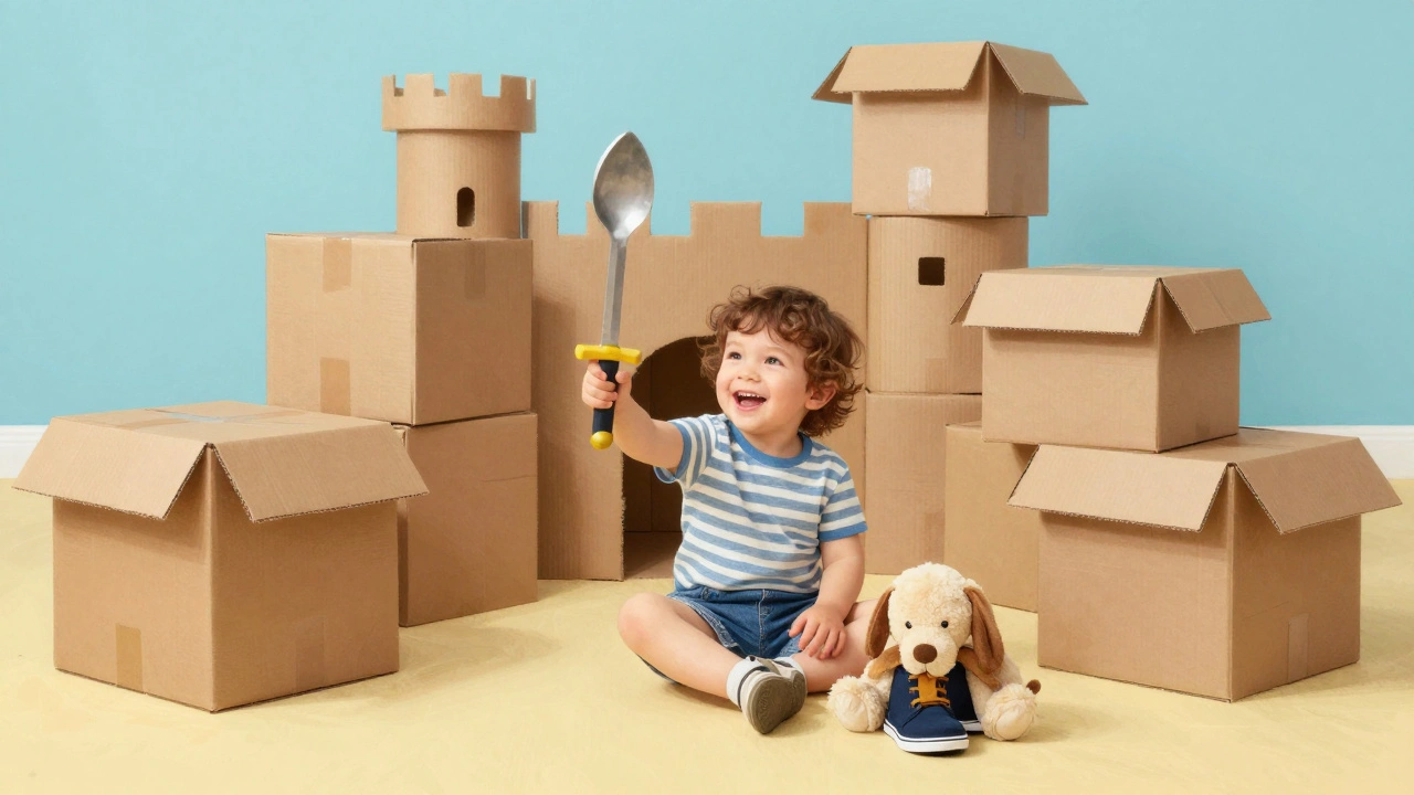 Ребёнок играет с картонными коробками, превратив их в замок, полный фантазии.
