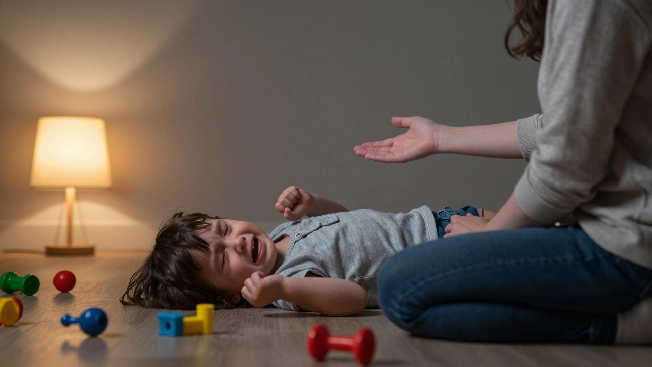 Ребёнок лежит на полу в истерике, родитель сидит рядом, не трогая, но присутствуя спокойно.