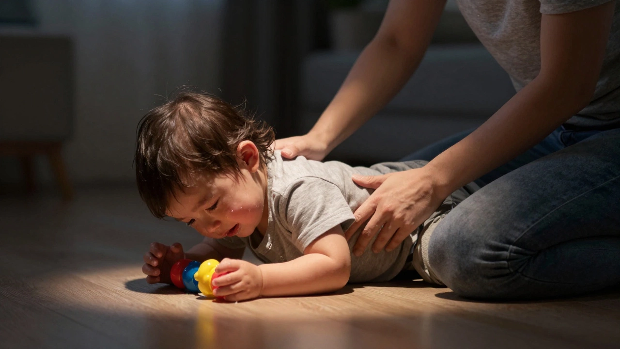 Ребёнок плачет на полу, взрослый тихо сидит рядом, поддерживая его эмоции.