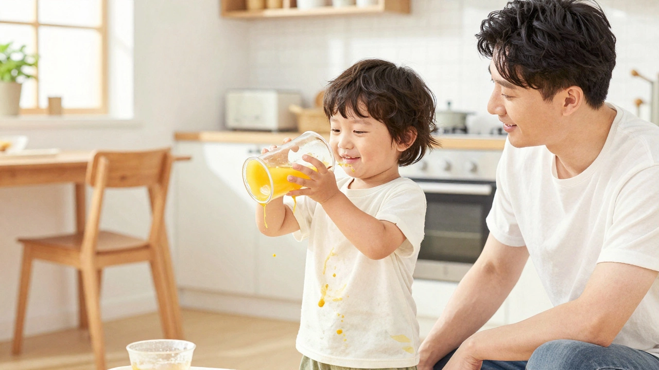 Ребёнок с улыбкой держит пролитый сок, родитель смотрит с одобрением, светлый кухонный интерьер.