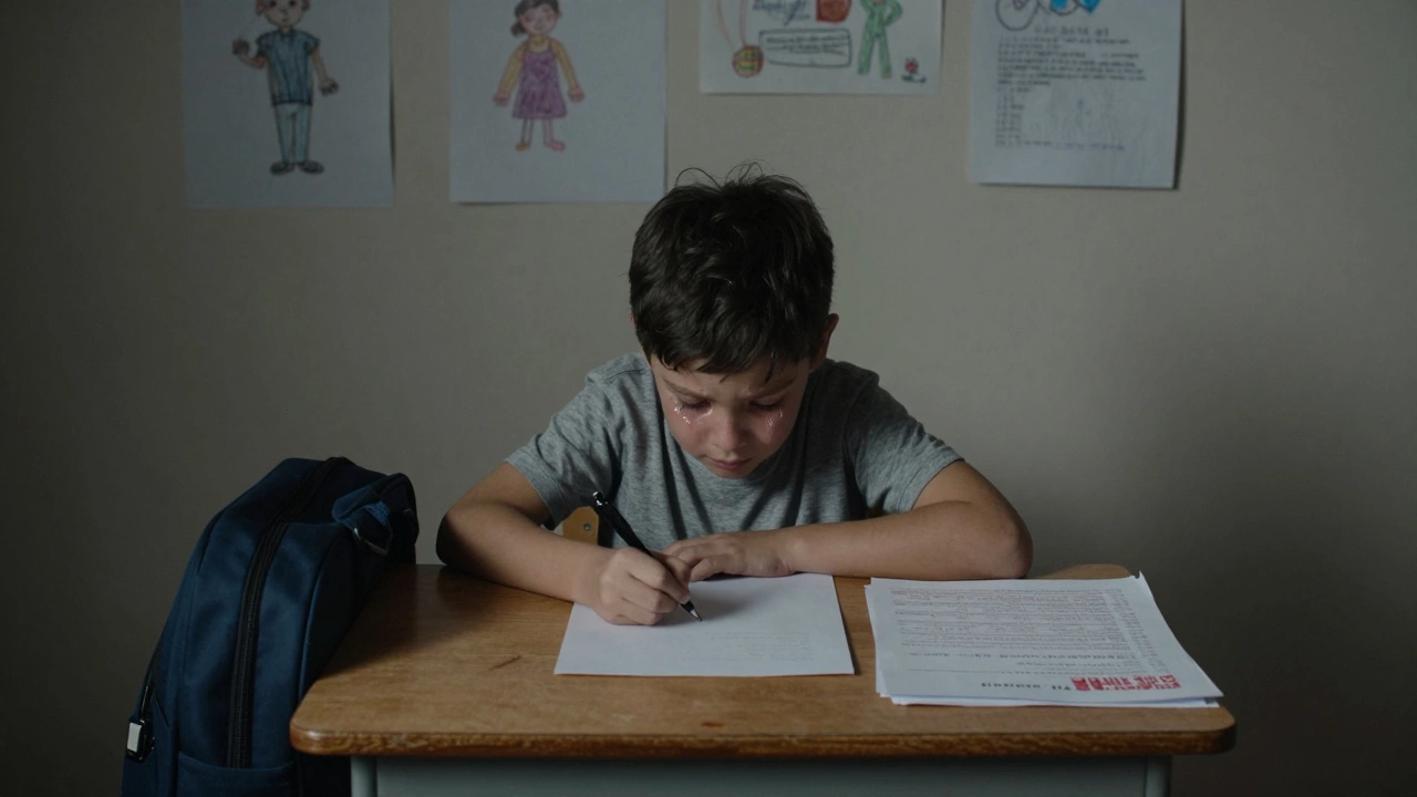 Ребёнок сидит за столом, голова опущена, слёзы на щеках, перед ним пустой лист бумаги.