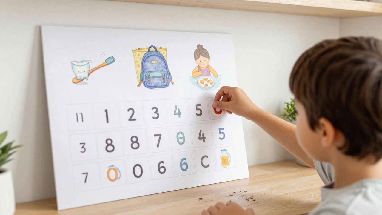 Ребёнок ставит наклейку на расписание дел после выполнения утренней рутины.