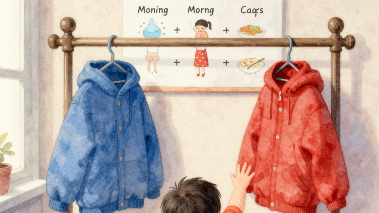 Ребёнок выбирает между синей и красной курткой у вешалки, утром в уютной комнате.