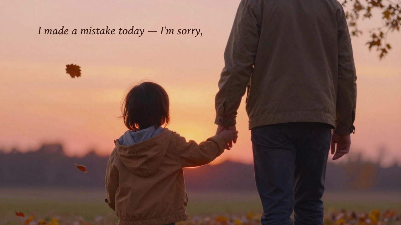 Родитель и ребёнок идут домой, держась за руки, закат, родитель извиняется.
