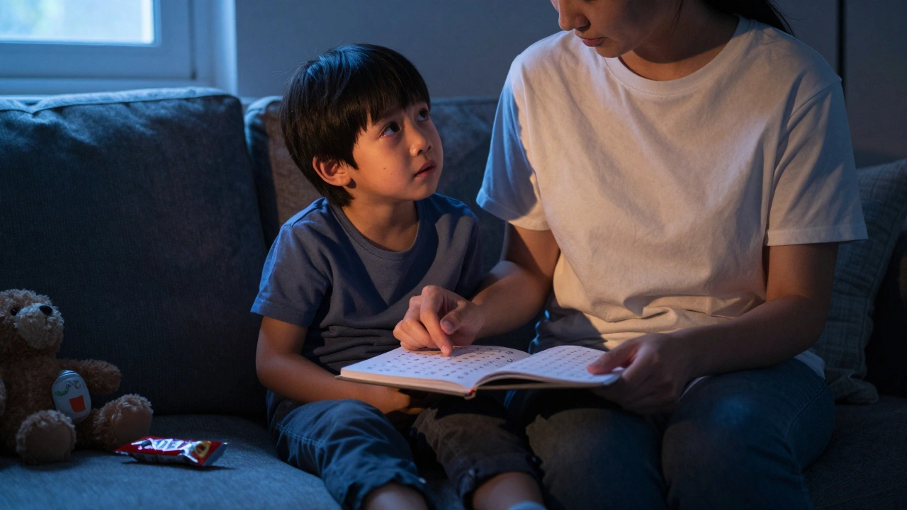Родитель и ребёнок сидят на диване, смотрят в журнал, мягкий свет вечера, атмосфера понимания.