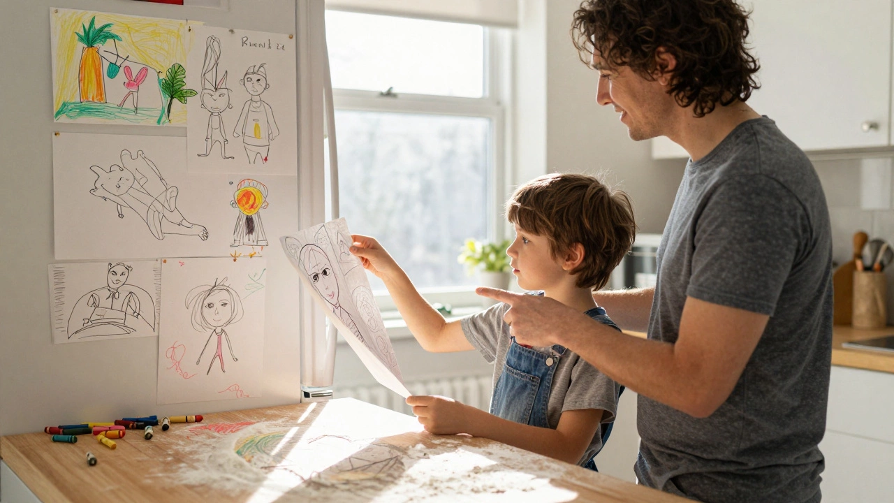 Родитель смотрит на рисунок ребенка в кухне, не исправляя, а принимая.