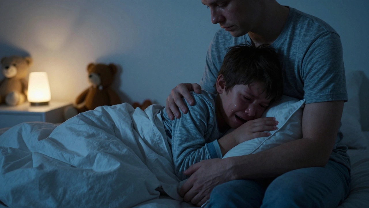 Родитель тихо сидит рядом с плачущим ребенком на кровати, не говоря ни слова.