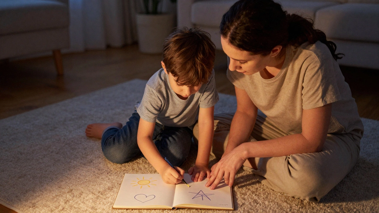 Семья рисует в общем дневнике вечером, тёплый свет, без телефонов и сладостей — ритуал благодарности.
