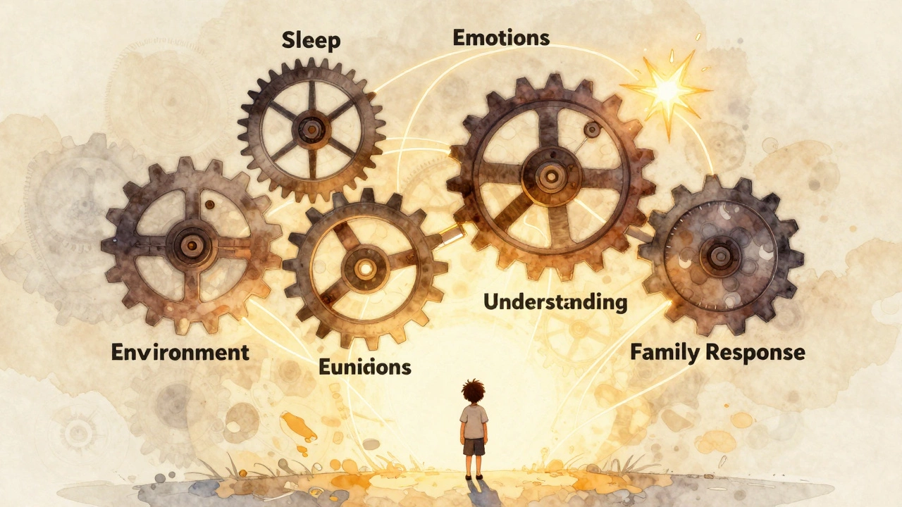 Схема детского разума в виде механизмов с пятью шестерёнками, символизирующими поведенческие факторы.