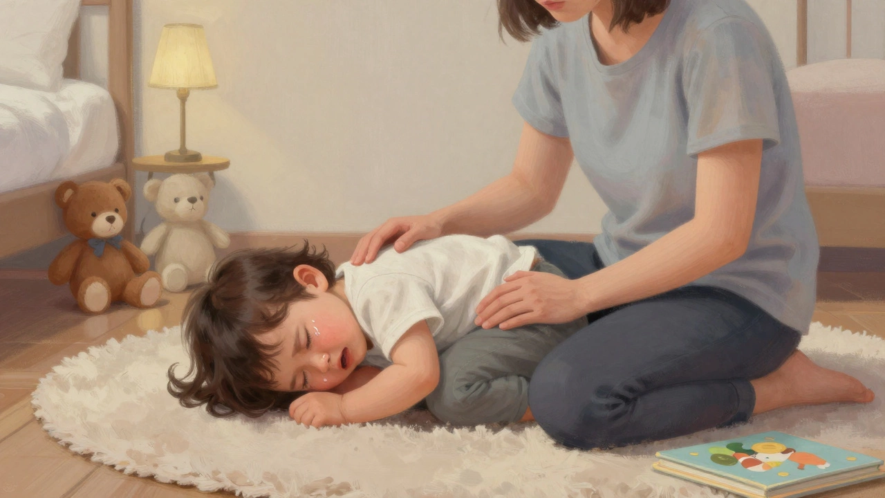 Трехлетний ребенок плачет на полу, родитель сидит рядом, тихо поддерживая.