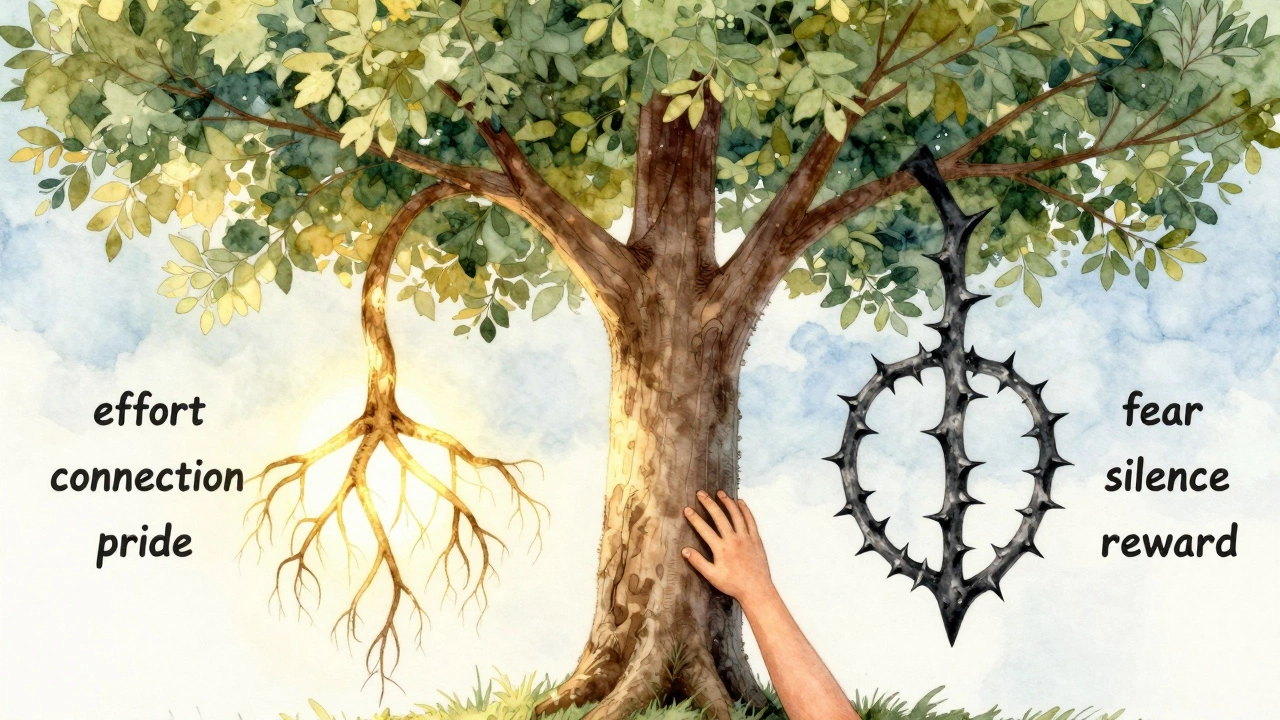 Дерево с золотыми корнями и черными шипами — метафора поощрения и наказания, ребенок трогает ствол, символизируя рост через доверие.