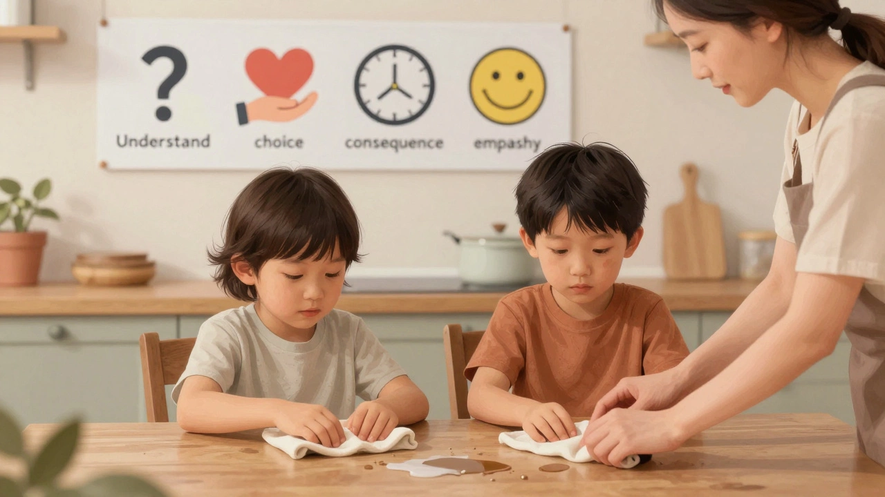 Двое детей за столом: один убирает пролитый сок, другой смотрит, как взрослый показывает, как это делать.