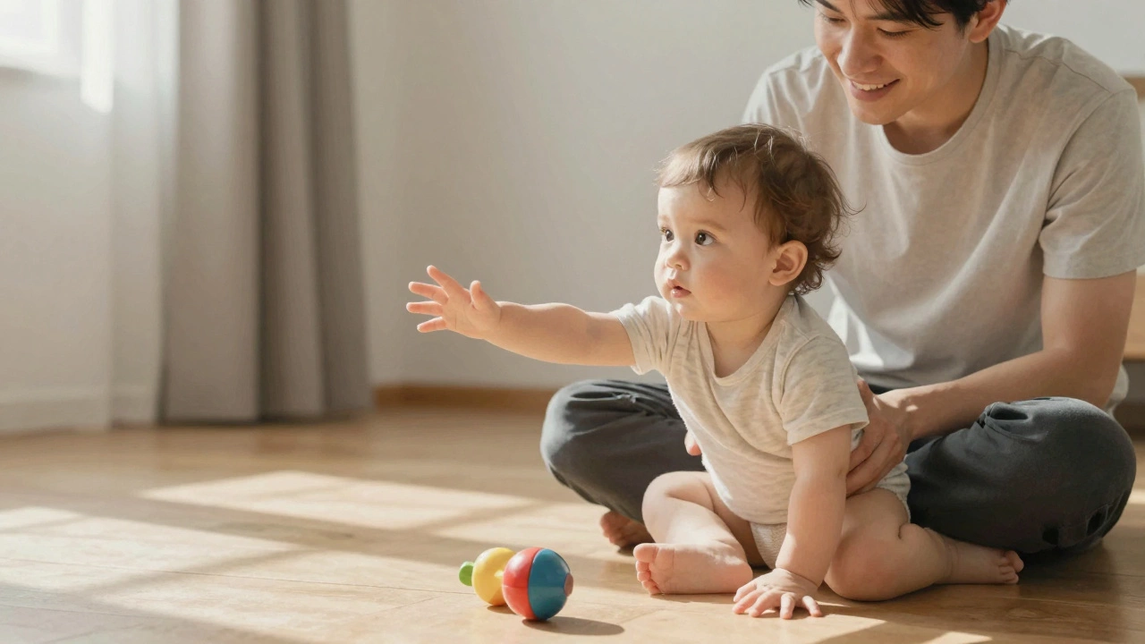 Малыш протягивает руку к родителю, смотря с любопытством, не плача, в тёплой уютной обстановке.