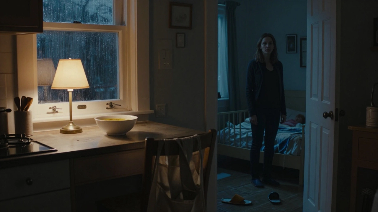 Мать в полночь смотрит на спальню ребёнка из кухни, на столе — остывший суп, за окном дождь.