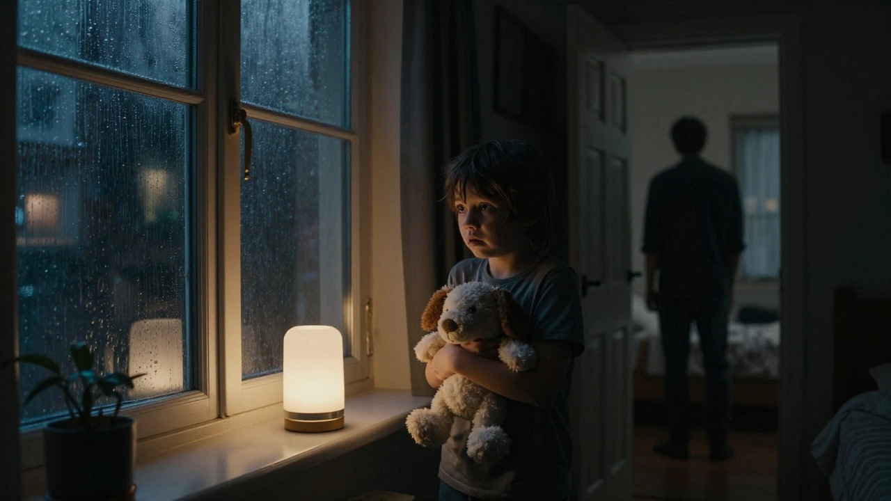 Ребёнок боится в темной комнате, держа игрушку, свет лампы — единственный источник утешения.