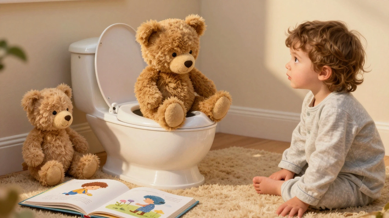 Ребёнок играет с игрушками рядом с горшком, одна игрушка 'использует' горшок, как в сказке.