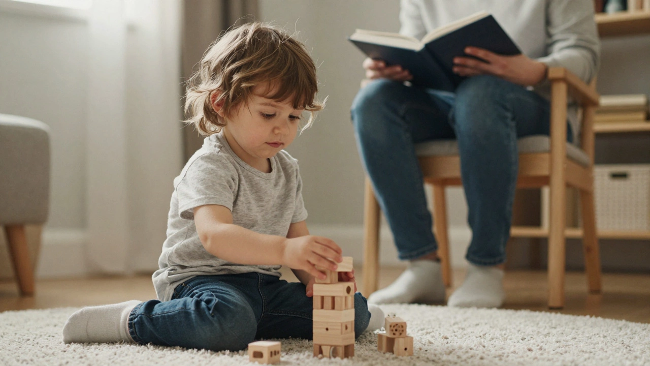 Ребёнок играет с кубиками, спокойно оглядывается на присутствующего родителя, не испуган, а уверенно исследует мир.