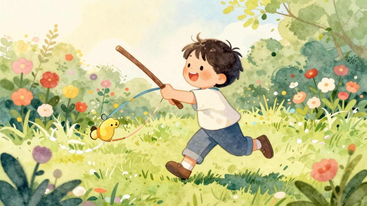 Ребёнок играет с палкой, воображая её лошадью в саду