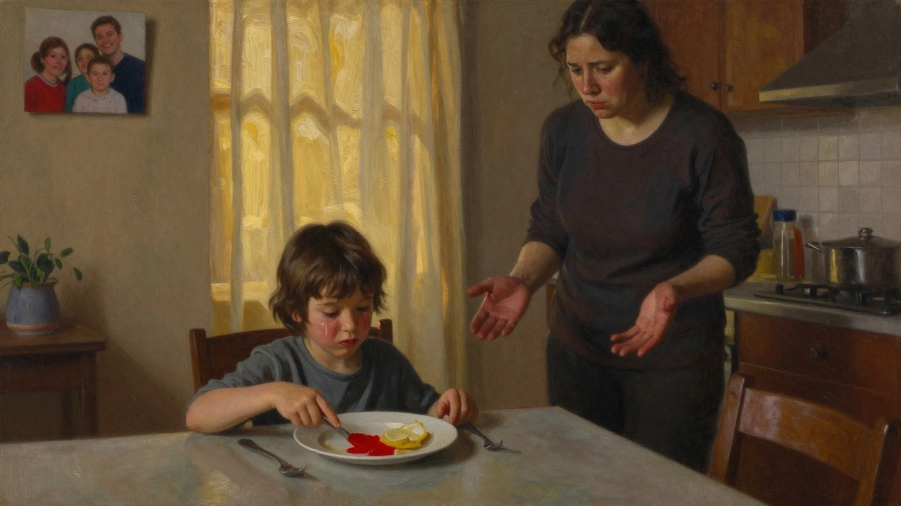 Ребёнок отталкивает еду за кухонным столом, родитель с тревогой наблюдает.
