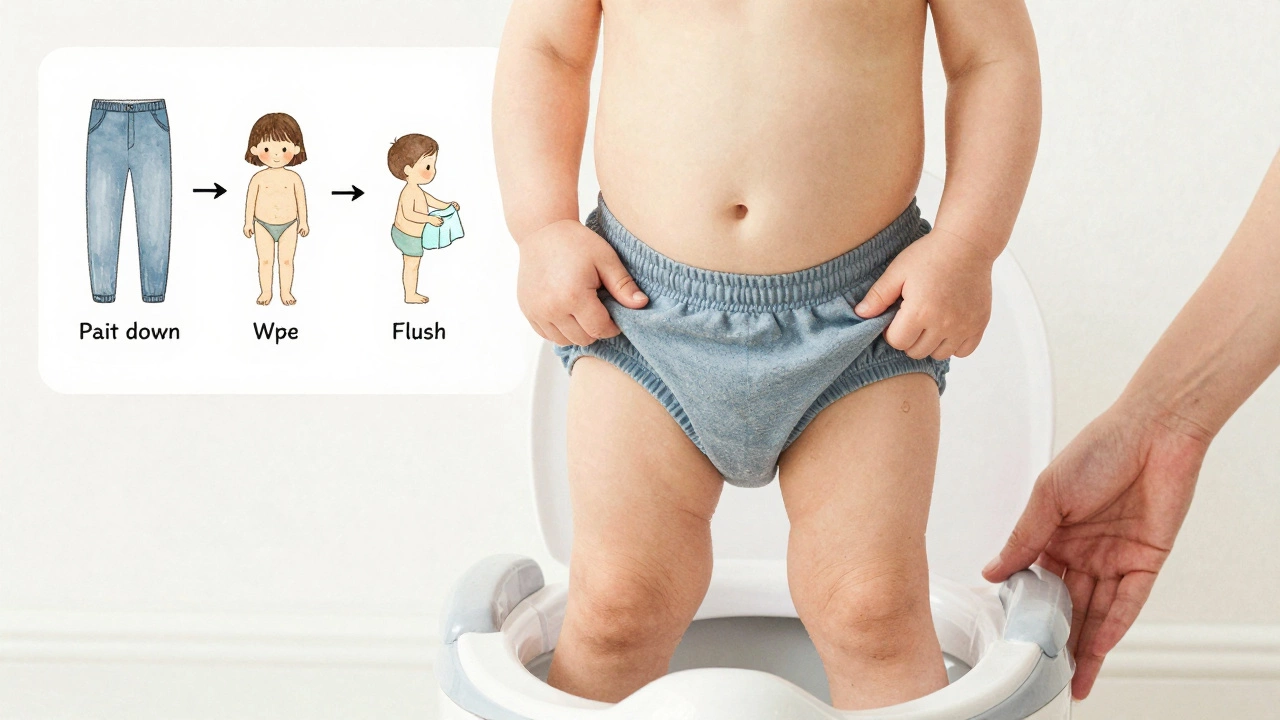 Ребёнок сам снимает штаны, готовясь сесть на горшок, рядом лежит полотенце.