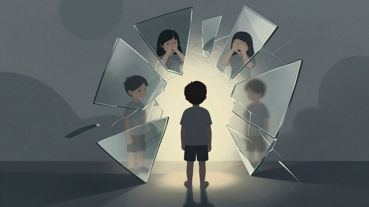 Ребёнок в центре треснутого зеркала, каждый осколок отражает другое поведение, фон — абстрактные серые формы.