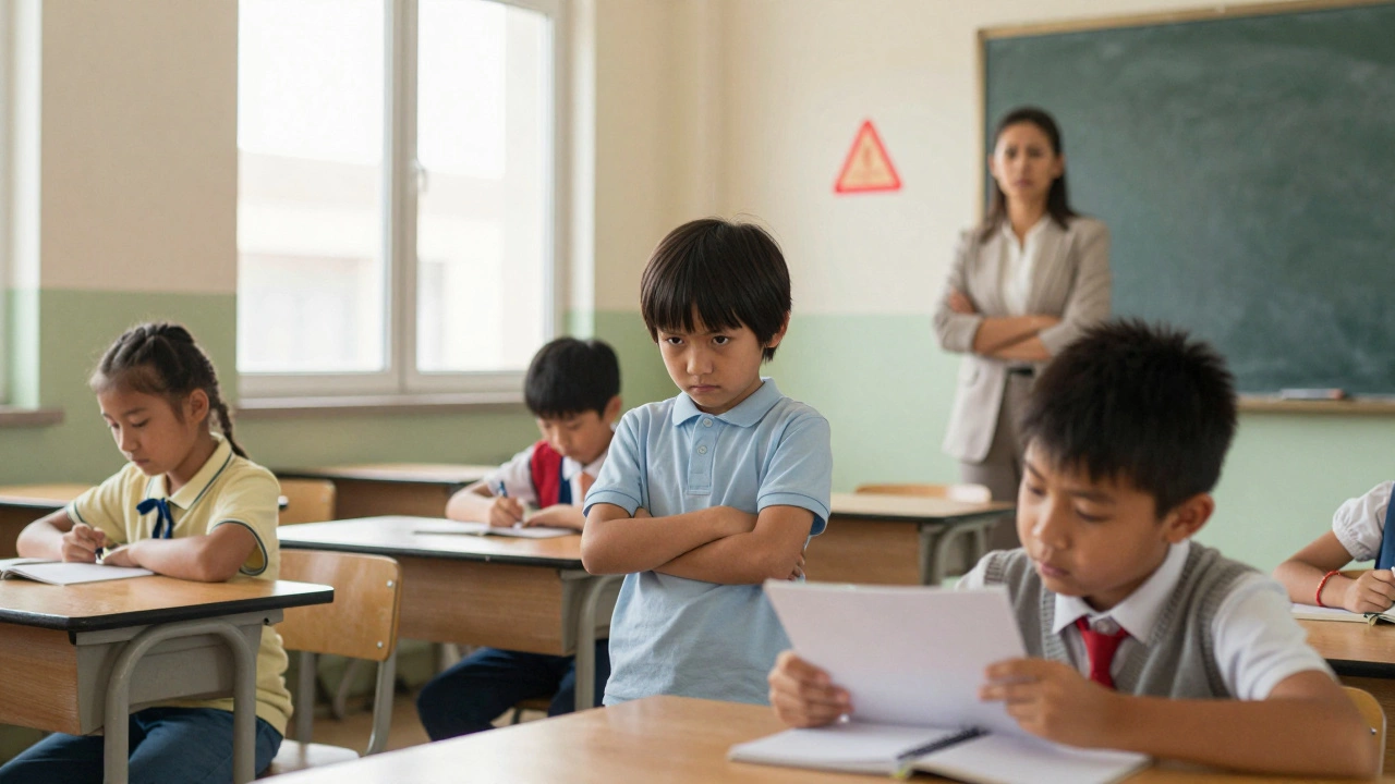 Ребёнок в классе с скрещёнными руками, другие дети молчат, учитель смотрит с тревогой, на стене красная наклейка.