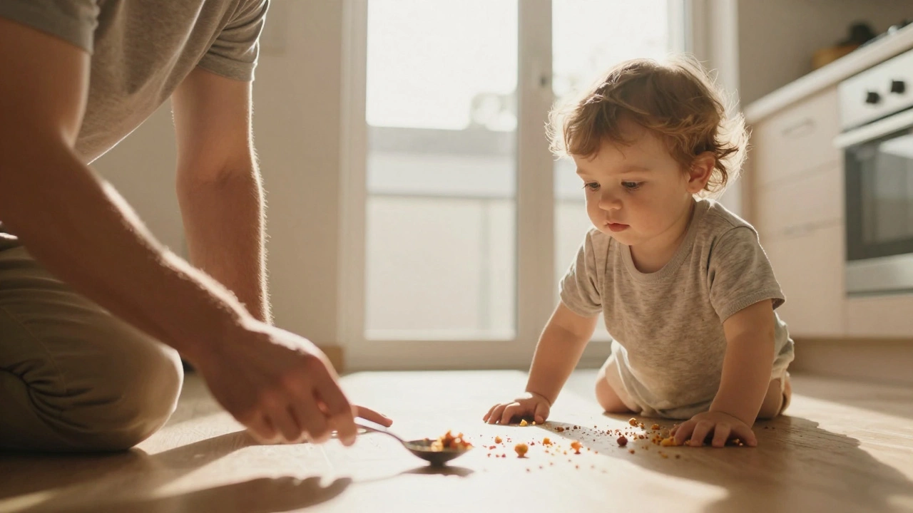 Родитель поднимает ложку с пола, ребенок стоит рядом, спокойная атмосфера.
