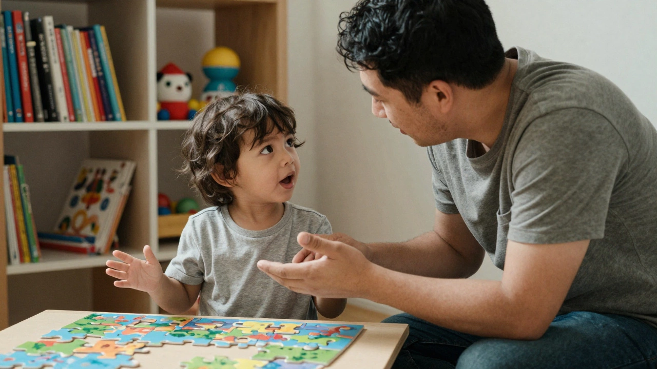 Родитель внимательно слушает ребёнка, не перебивая, в спокойной домашней обстановке.