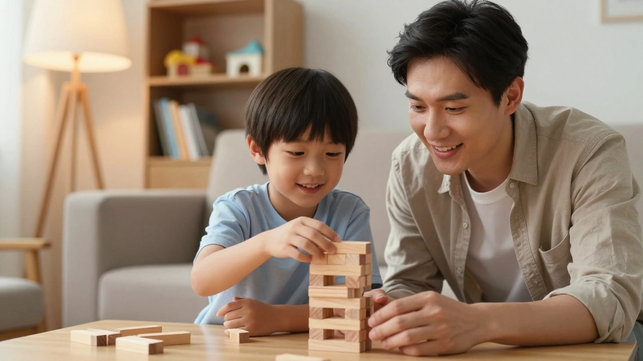 Родители строят башню из деревянных блоков с ребёнком