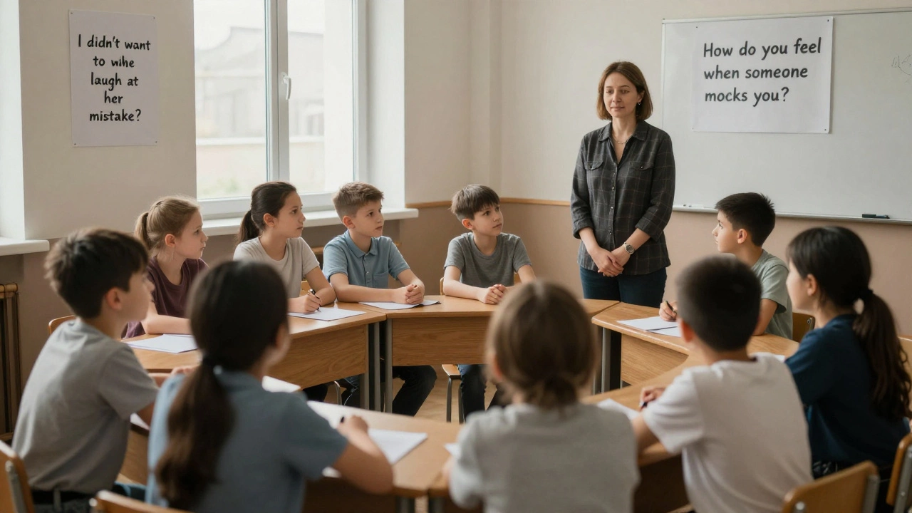 Дети в классе обсуждают, как вести себя, когда кто-то ошибается, учитель внимательно слушает.