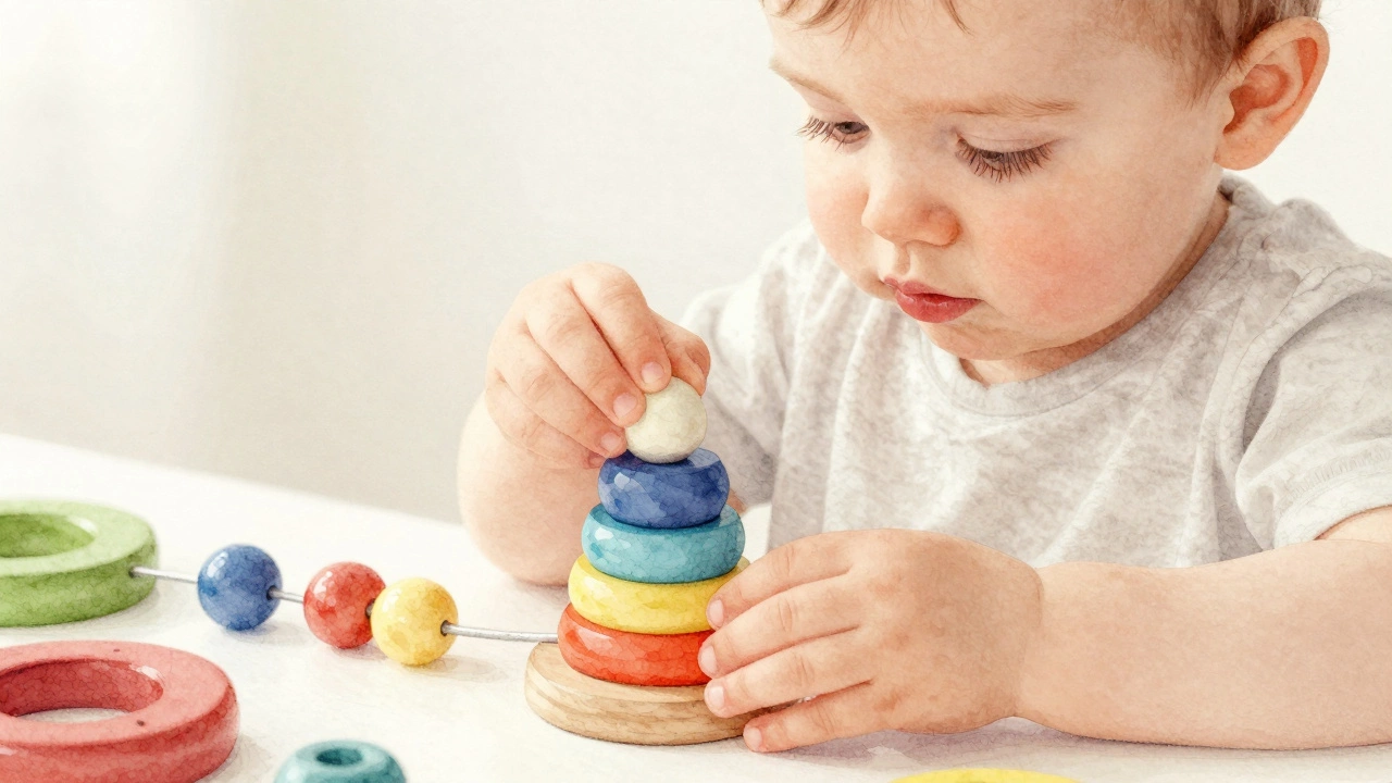 Детские руки играют с кубиками, развивая мелкую моторику