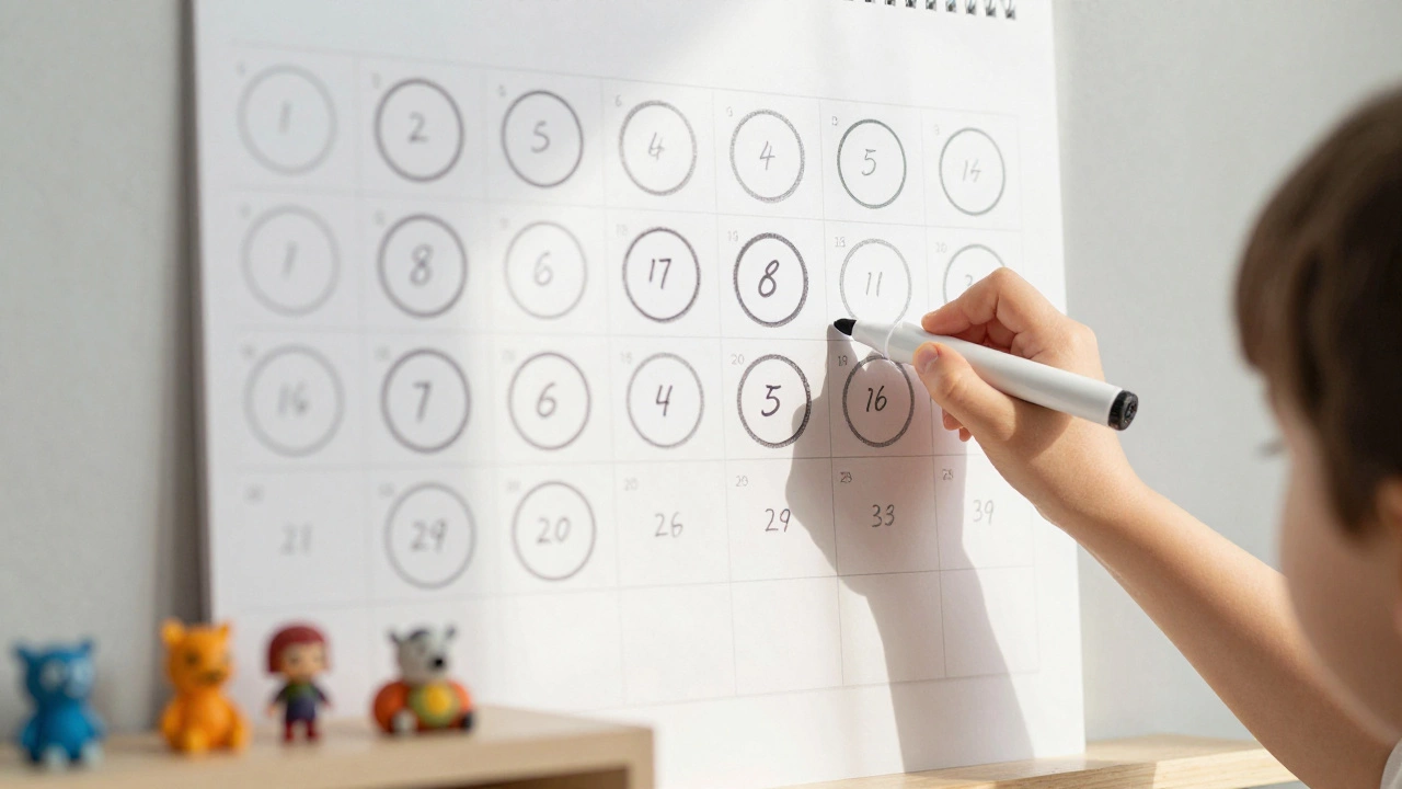 Календарь с отмеченными днями, ребёнок ставит кружок, игрушки аккуратно убраны, утренний свет.