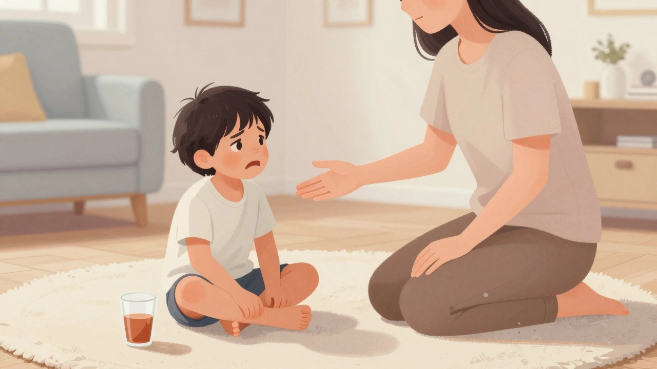 Малыш успокаивается на полу, родитель смотрит спокойно рядом