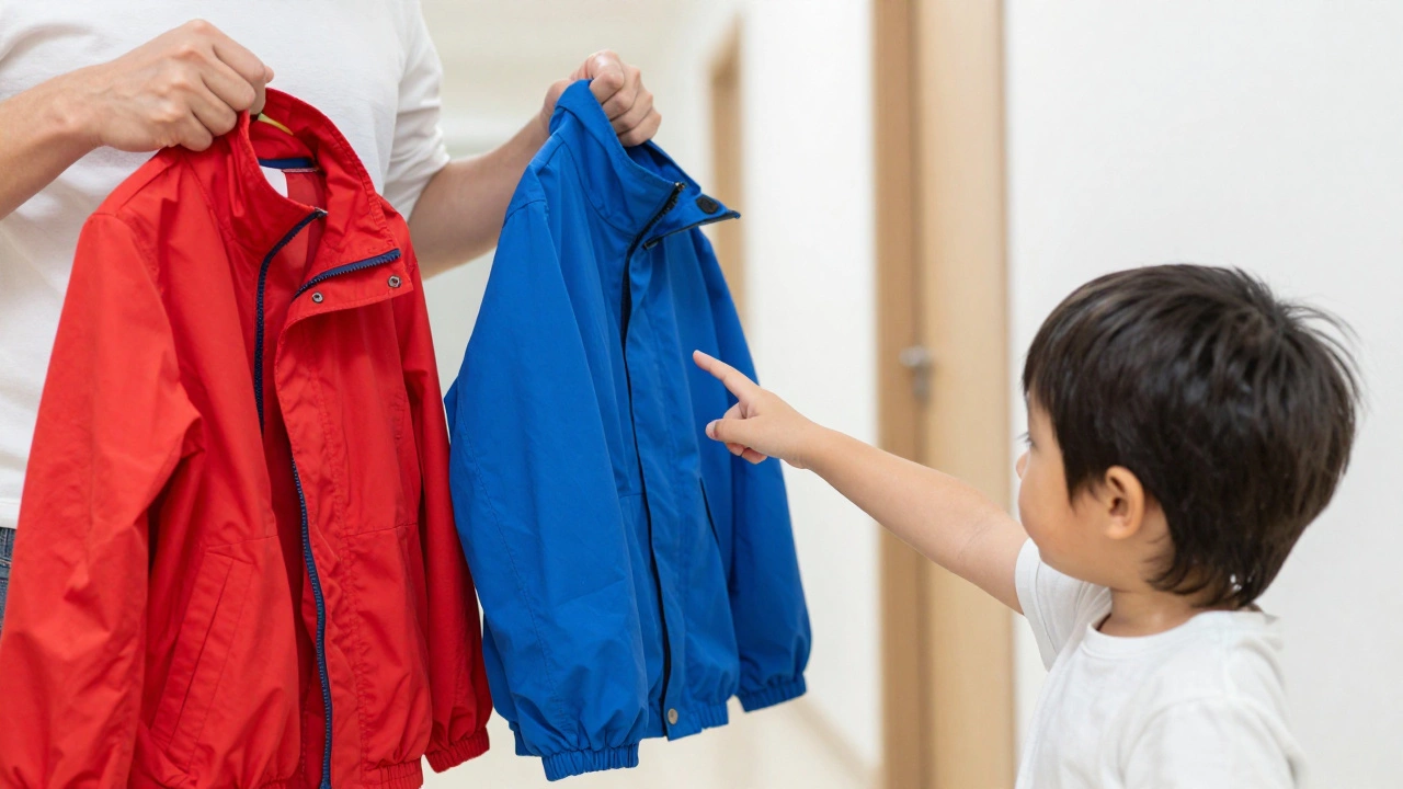 Мама показывает две куртки, чтобы дать выбор ребенку