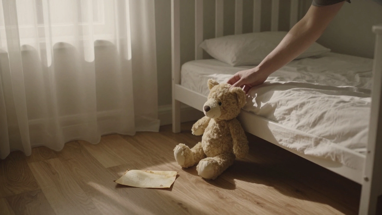 Пустая детская комната с одним игрушечным животным и нераскрытым письмом на полу, без следов любви или заботы.