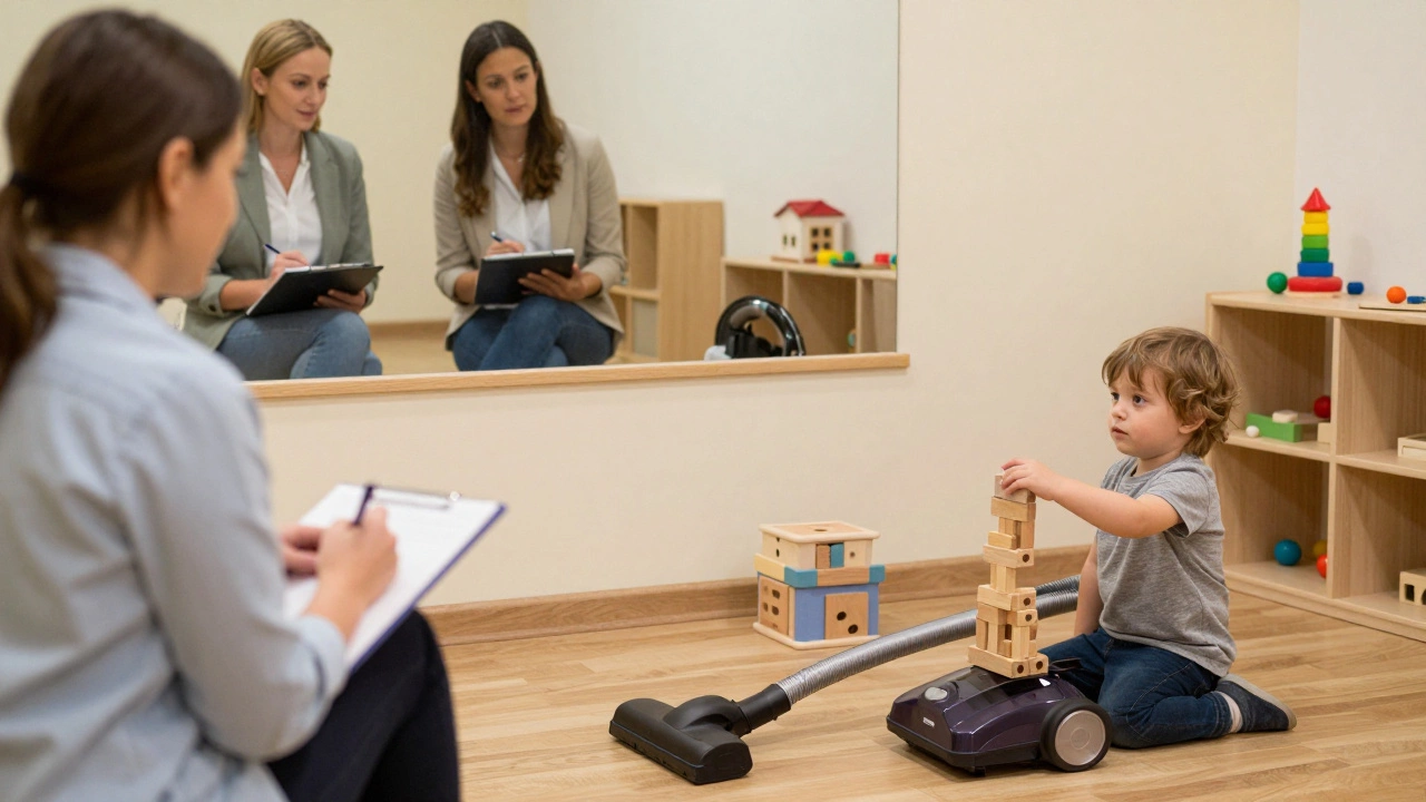 Ребёнок 2,5 лет отвлекается на пылесос, пока пытается собрать кубики, специалисты наблюдают