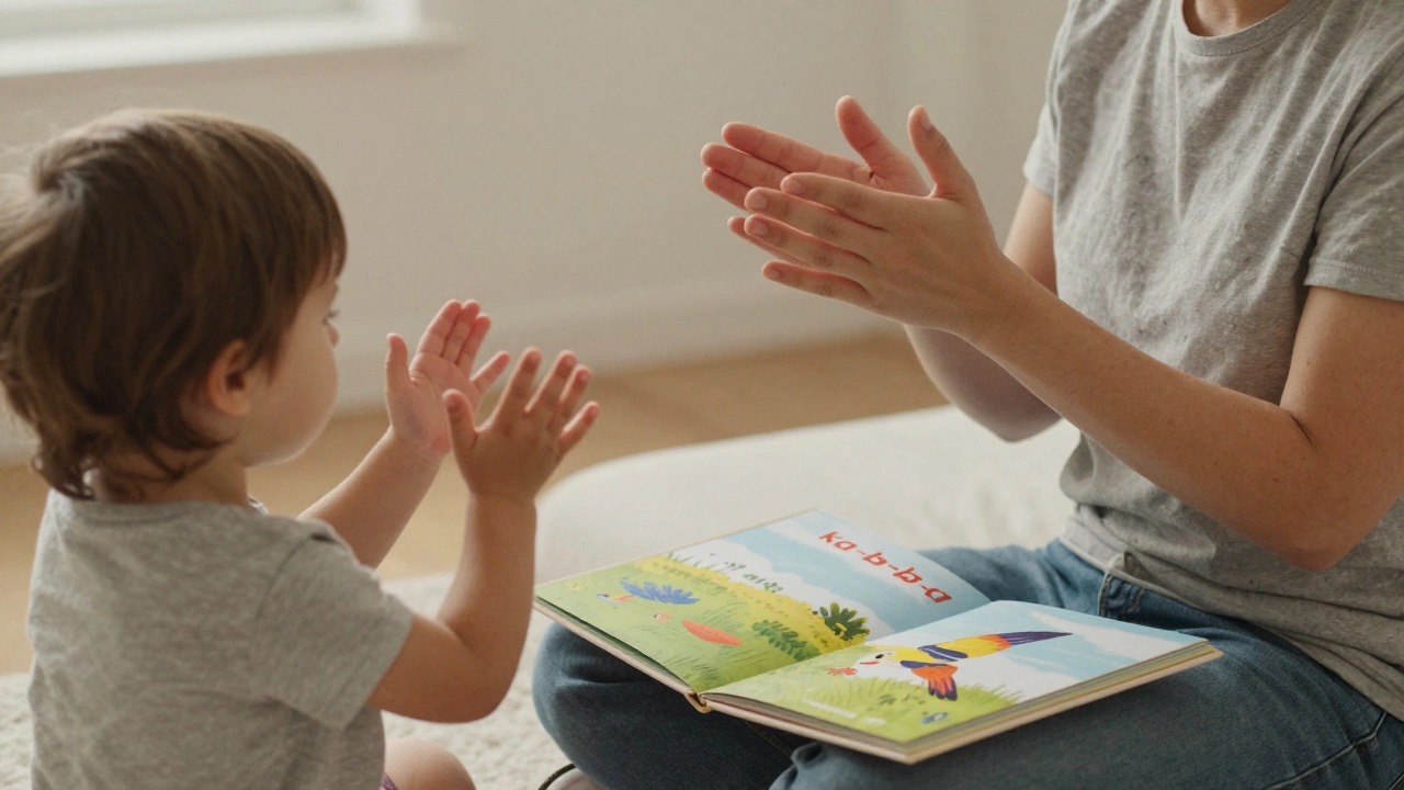 Ребенок и родитель вместе хлопают в ладоши на слоги в считалке 'ка-ба-ба'.