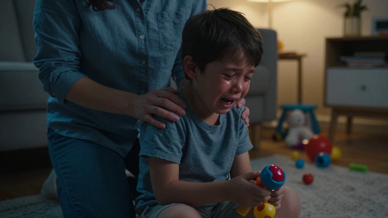 Ребёнок плачет, родитель обнимает его, рядом разбитая игрушка, без слов.