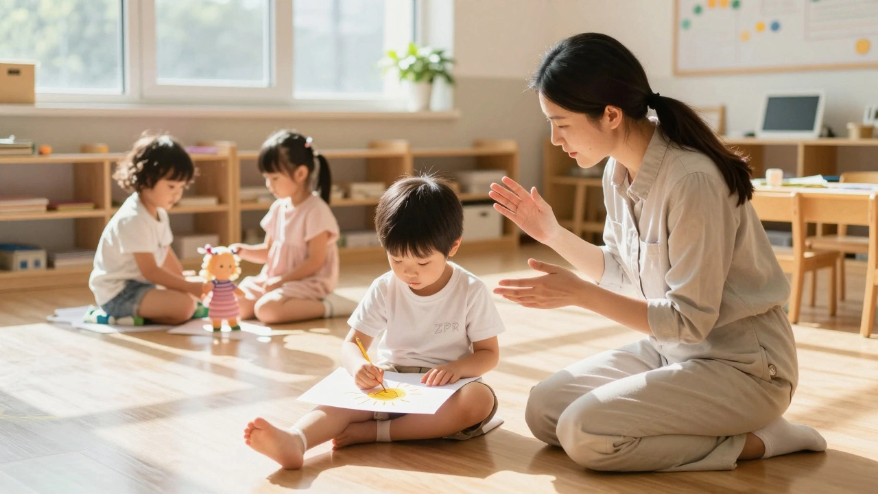 Ребёнок с ЗПР рисует солнце в инклюзивном детском саду, учитель помогает жестами