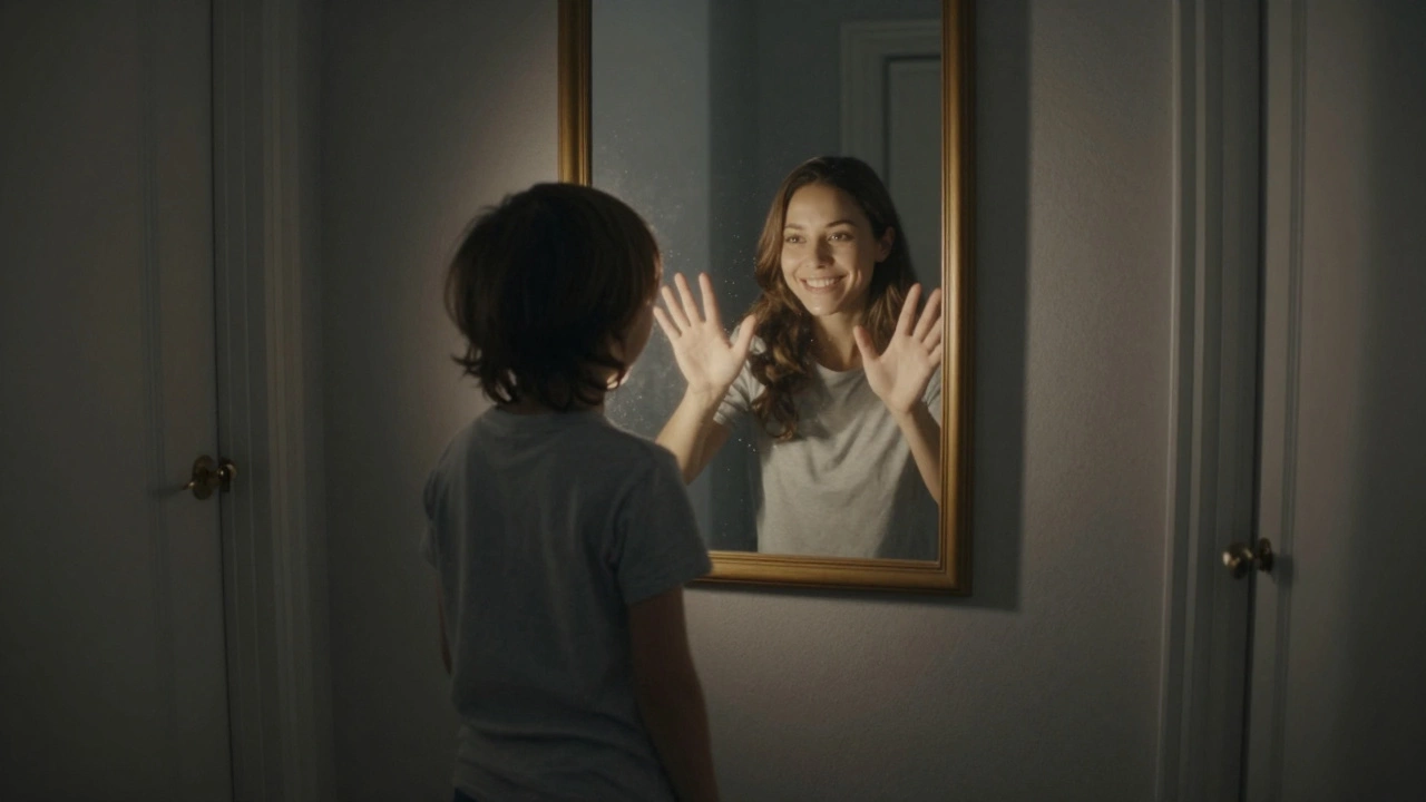 Ребёнок смотрит в зеркало, где отражается улыбающийся родитель — символ принятия.