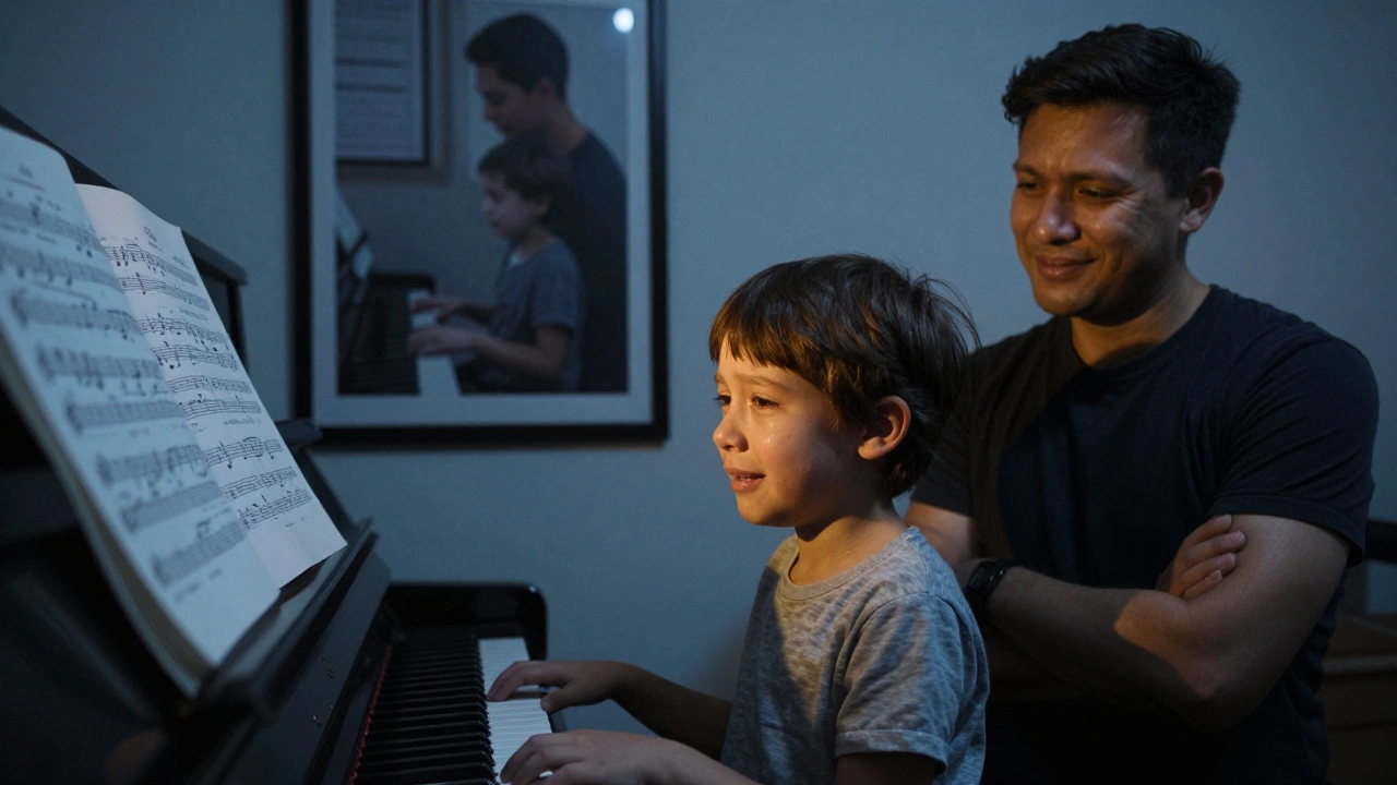 Ребёнок у пианино плачет, родитель наблюдает с напряжённым выражением лица.