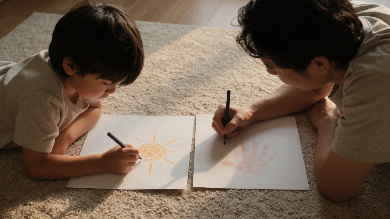 Родитель и ребенок молча рисуют вместе на полу, не обмениваясь словами.