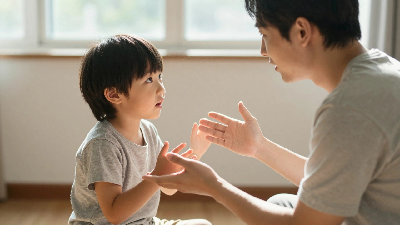 Родитель и ребёнок разговаривают на равных, солнечный свет освещает их тёплую связь.