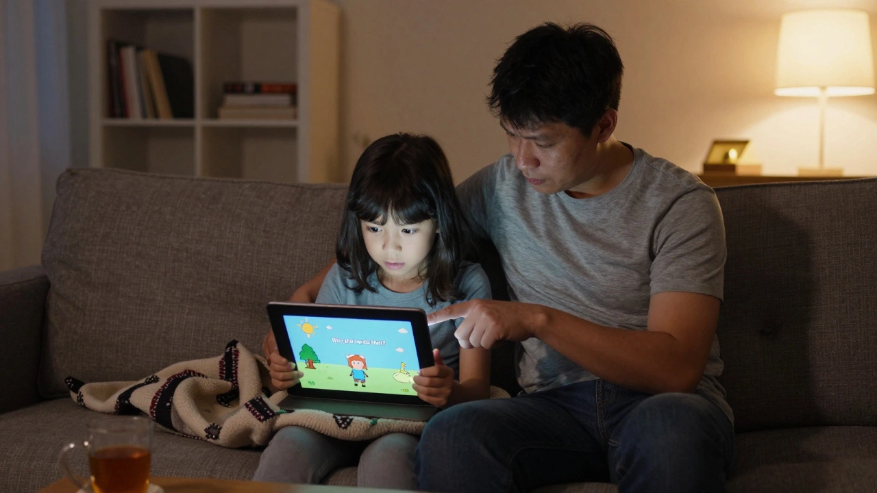 Семья смотрит мультик вместе, родитель останавливает его, чтобы задать ребёнку вопрос.