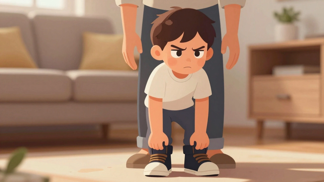 Трехлетний ребенок самостоятельно надевает обувь, проявляя волю