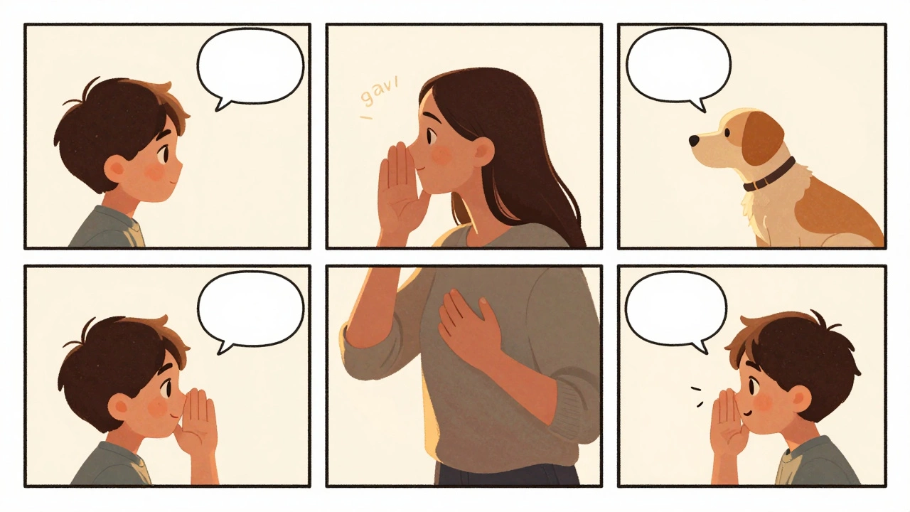 Три кадра: ребенок смотрит на картинку собаки, затем шепчет звук 'гав' с улыбкой.