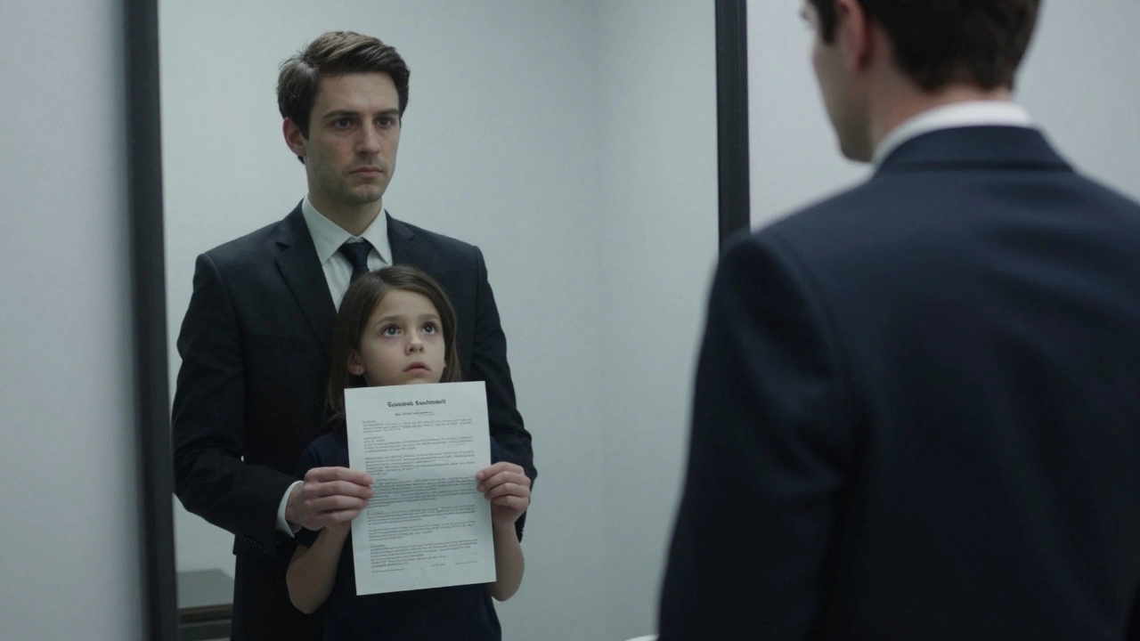 Взрослый человек смотрит в зеркало, где его отражение — плачущий ребёнок, несмотря на идеальные достижения.