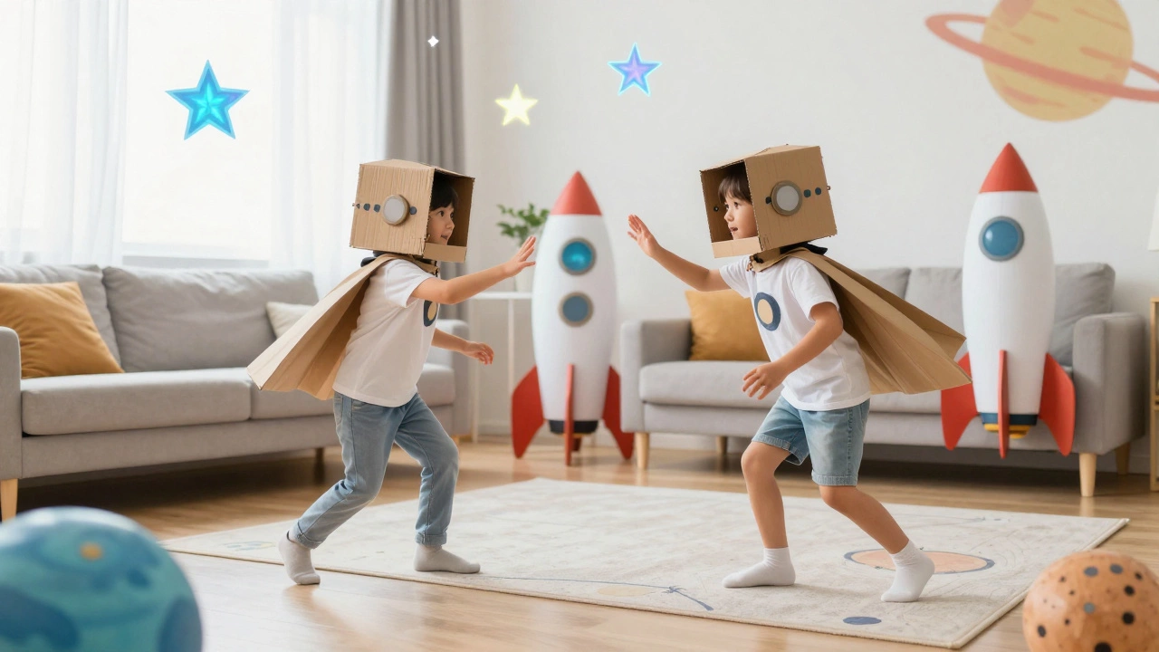 Дети в самодельных костюмах космонавтов играют в воображаемое путешествие
